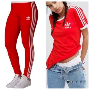 RED ADIDAS 3 STRIPE LEGGINGS & MATCHING T-SHIRT